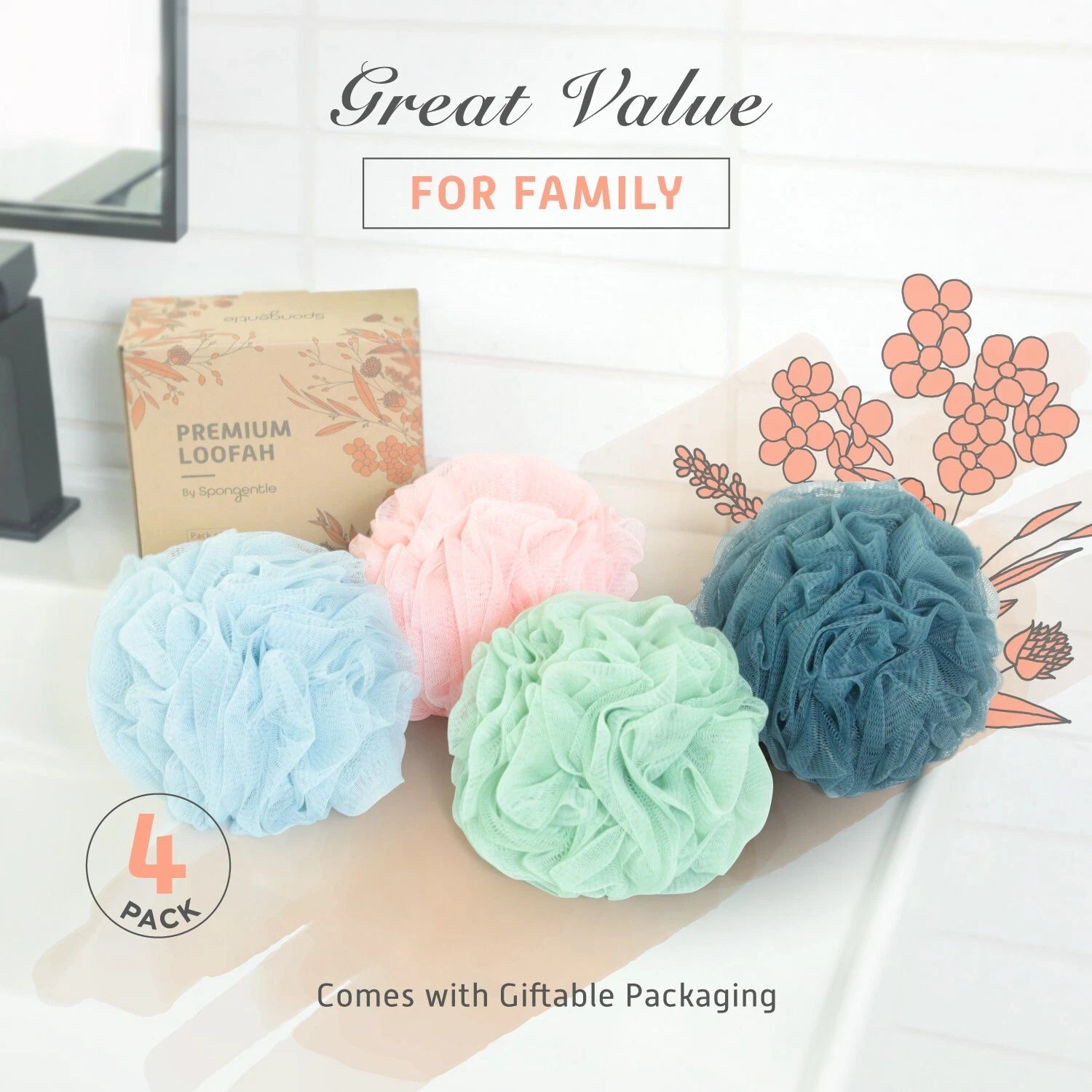 Deep Cleansing Loofah Sponge, Pack of 4, Bath and Shower, Exfoliating Body