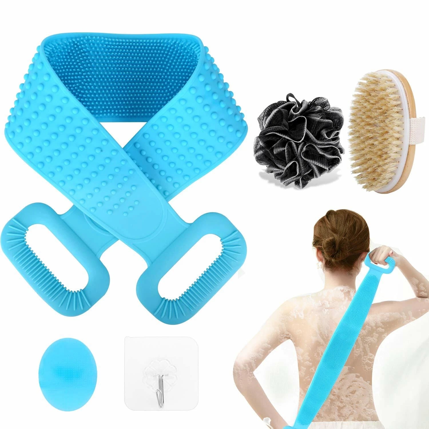 Bath Brush Silicone 76cm Body Back Scrubber for Shower Back Scrubber Set, Blue