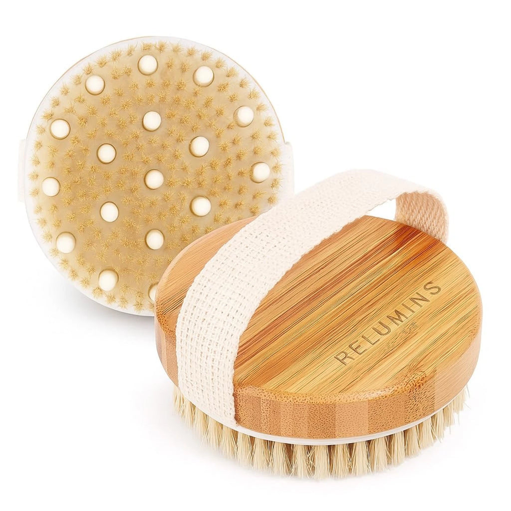 Relumins Wet & Dry Body Brush with Natural Wood Handle - Exfoliating Skin Brush