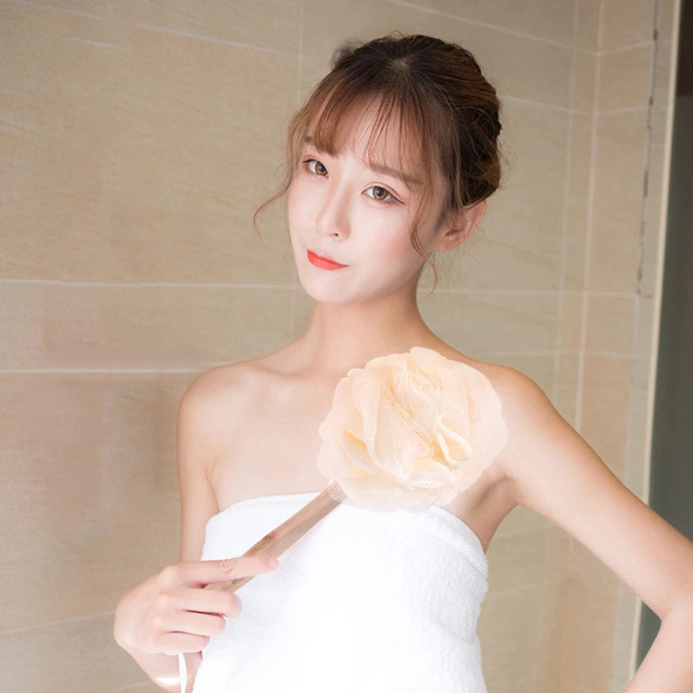 Exfoliating Shower Bath Sponge Brush with Long Handle and Loofah Mesh