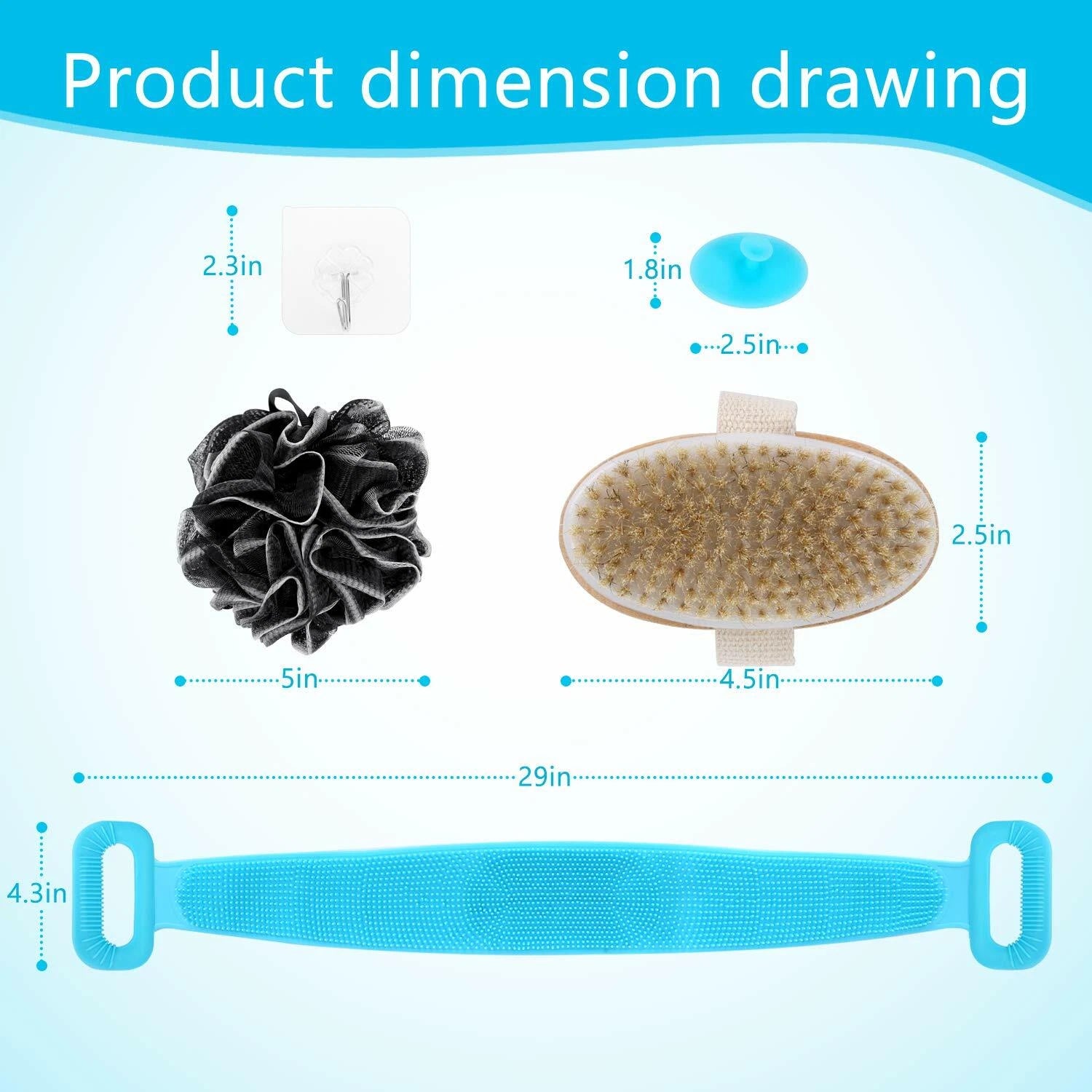 Bath Brush Silicone 76cm Body Back Scrubber for Shower Back Scrubber Set, Blue