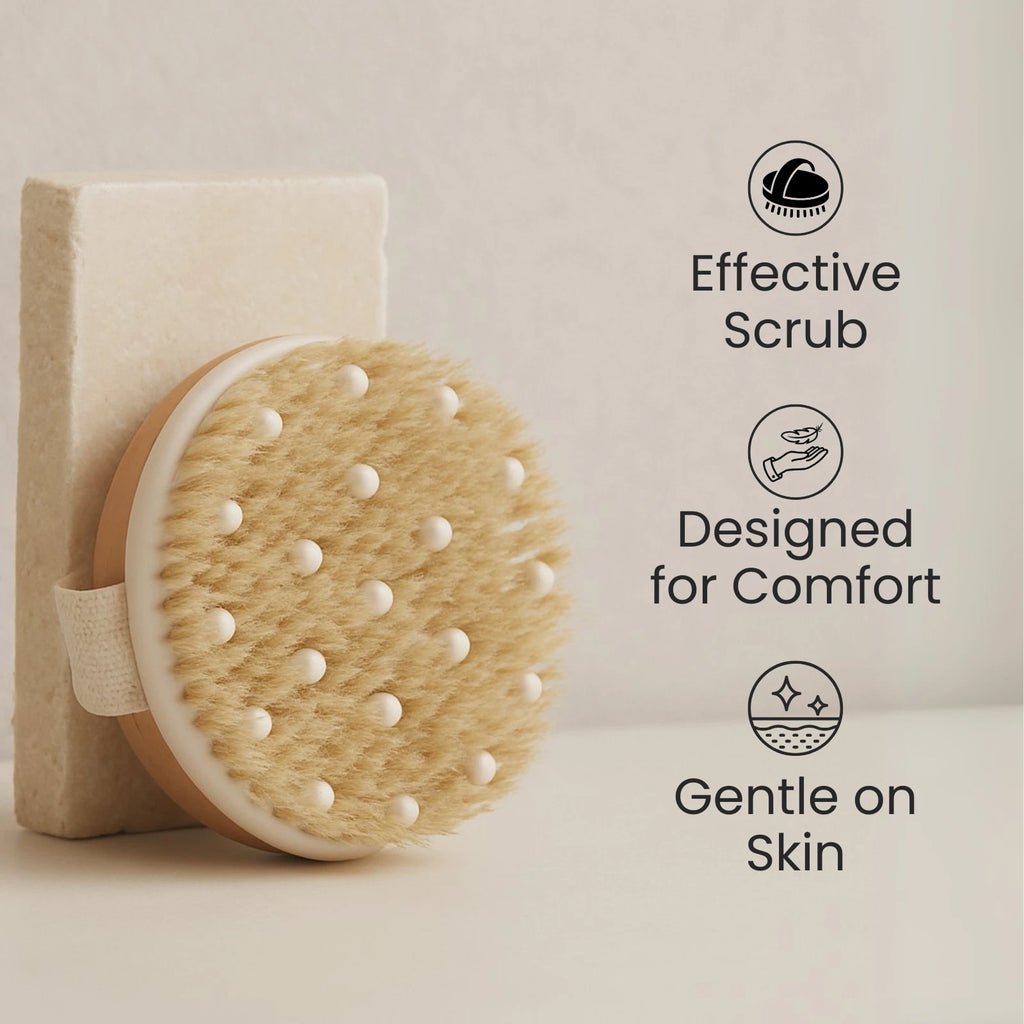 Relumins Wet & Dry Body Brush with Natural Wood Handle - Exfoliating Skin Brush