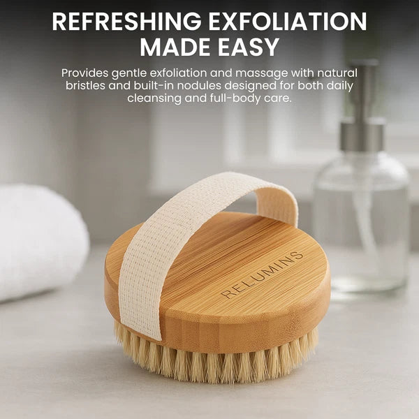 Relumins Wet & Dry Body Brush with Natural Wood Handle - Exfoliating Skin Brush