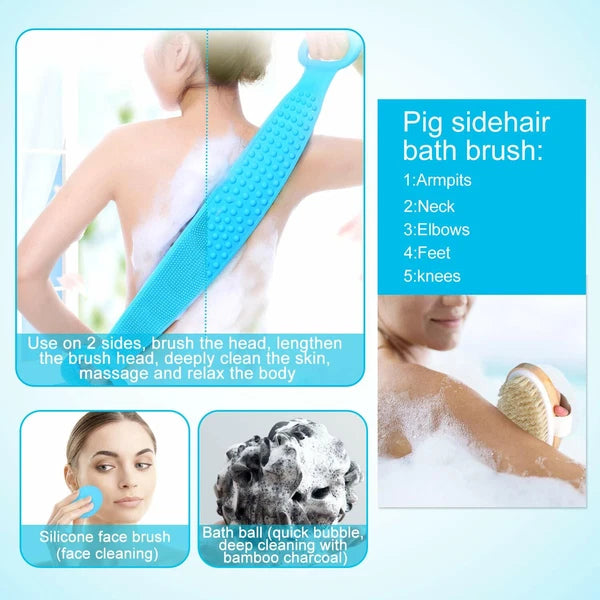 Bath Brush Silicone 76cm Body Back Scrubber for Shower Back Scrubber Set, Blue