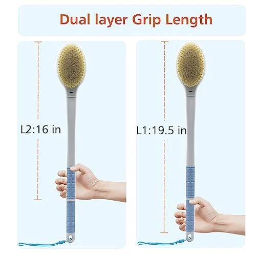 Extra Long Handle Shower Body Back Brush w/ Double-Sided Soft and Stiff Bristles